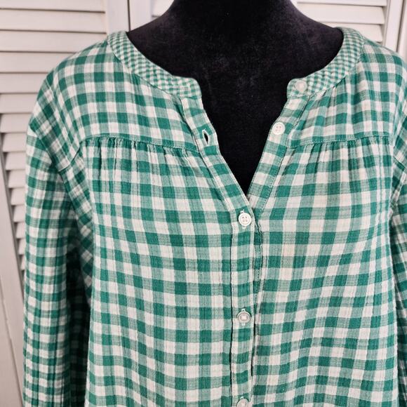 Loft Outlet Top XL Green White Gingham Button Front 3/4 Tie Sleeve Cotton Blend - Picture 2 of 10